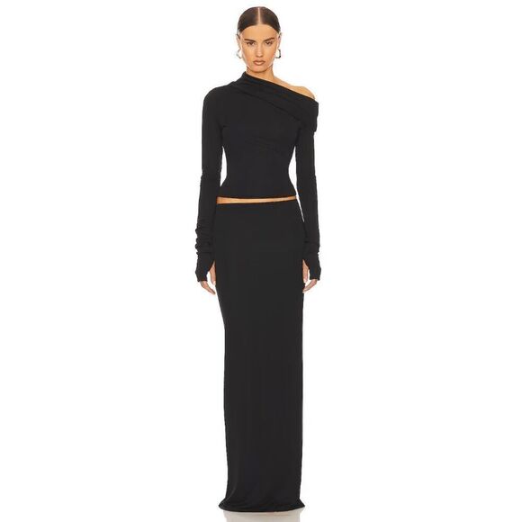 Brand New Matte Black Jersey Drape Shoulder Top and Slim Skirt Set - Size Small - Picture 3 of 4